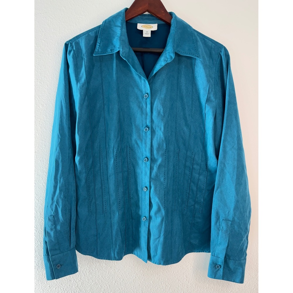 Vintage 90s Talbots Teal Faux Suede Button Down Shirt Pintuck Casual Office Med